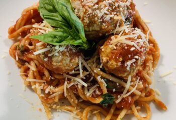 Roasted Turkey Meatballs over Basil Red Sauce & Pasta